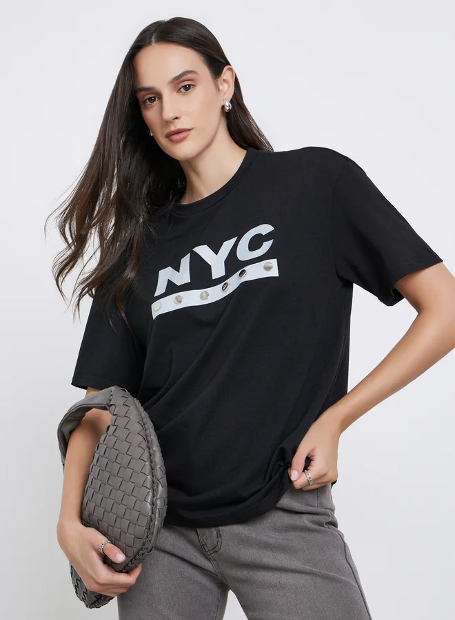 ستايلي Styli Women Black NYC Print Stud Oversized T-Shirt