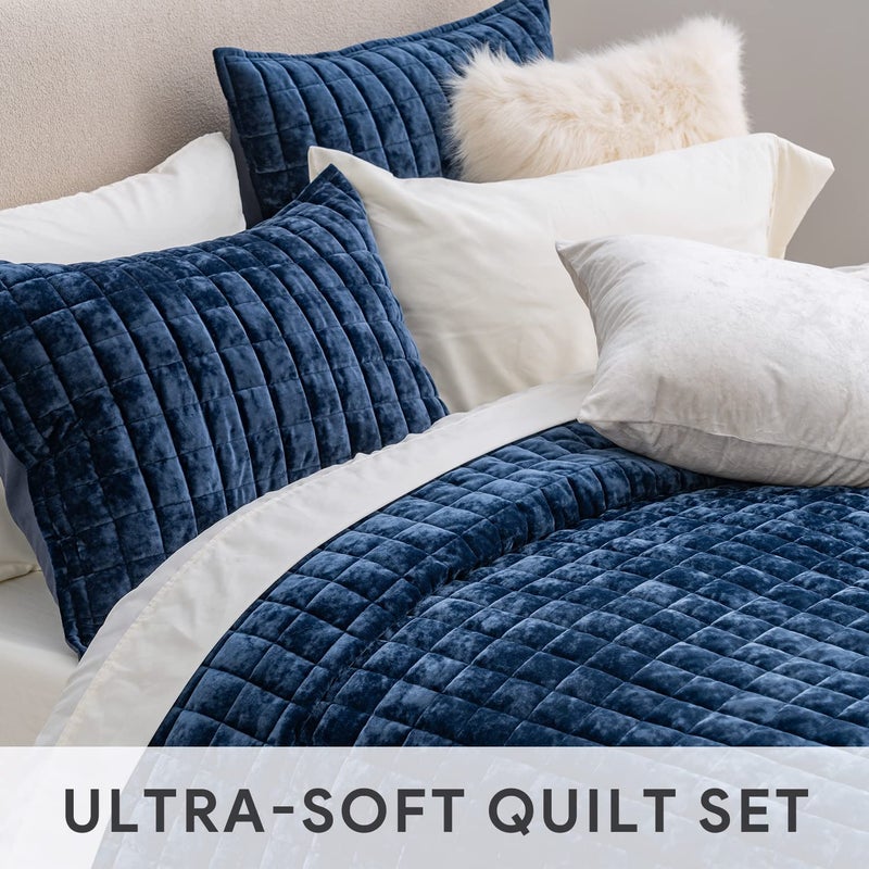 RECYCO Luxury Velvet Quilt Set King Size, Lightweight Velvet Comforter Set, Oversized Bedspread Coverlet Quilted Bedding Set, with 2 Matching Pillow Shams, for All Season, Navy Blue - Image 5