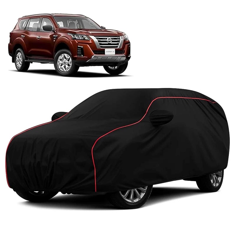 sulfar 100% Water Resistant Car Body Cover Compatible with Mirror for Nissan Xterra (Triple Stitched, Full Bottom Elastic, Black with Red Piping) - Image 1