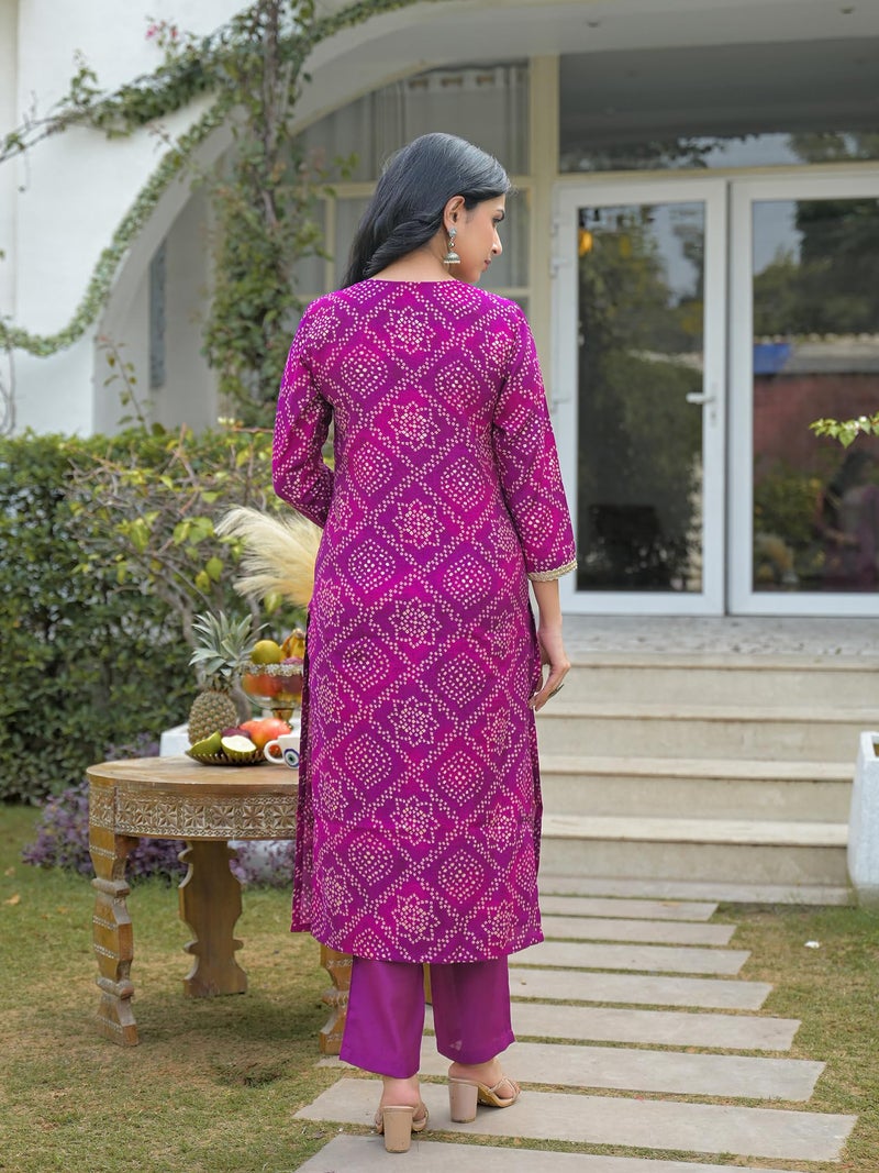 Vaamsi Women's Purple Silk Blend Embroidered Straight Bandhani Kurta Trousers With Dupatta Set | Festive Straight Kurta Set For Women | Bandhani Salwar Suit For Women (PKSKD3108, XL) - Image 4