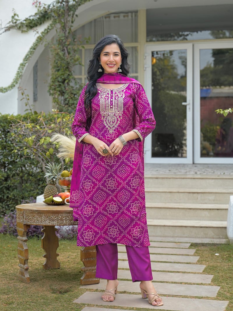 Vaamsi Women's Purple Silk Blend Embroidered Straight Bandhani Kurta Trousers With Dupatta Set | Festive Straight Kurta Set For Women | Bandhani Salwar Suit For Women (PKSKD3108, XL) - Image 5