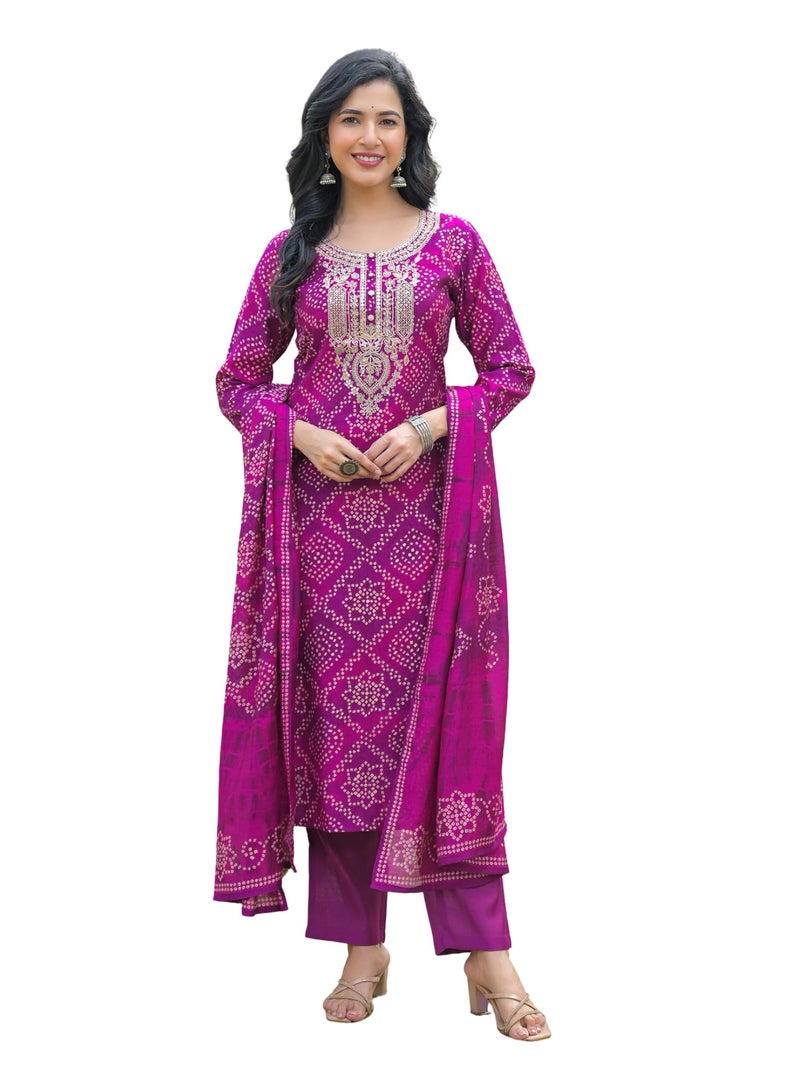 Vaamsi Women's Purple Silk Blend Embroidered Straight Bandhani Kurta Trousers With Dupatta Set | Festive Straight Kurta Set For Women | Bandhani Salwar Suit For Women (PKSKD3108, XL) - Image 1