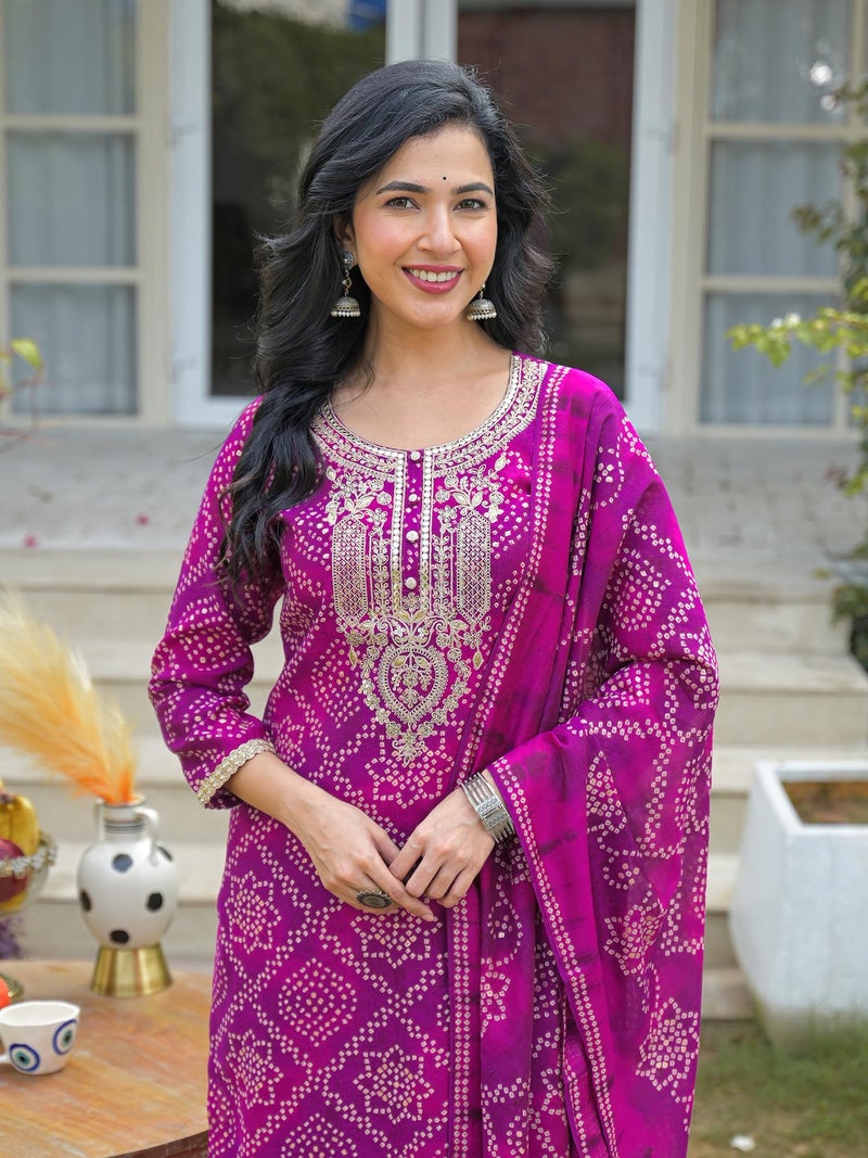 Vaamsi Women's Purple Silk Blend Embroidered Straight Bandhani Kurta Trousers With Dupatta Set | Festive Straight Kurta Set For Women | Bandhani Salwar Suit For Women (PKSKD3108, XL) - Image 2