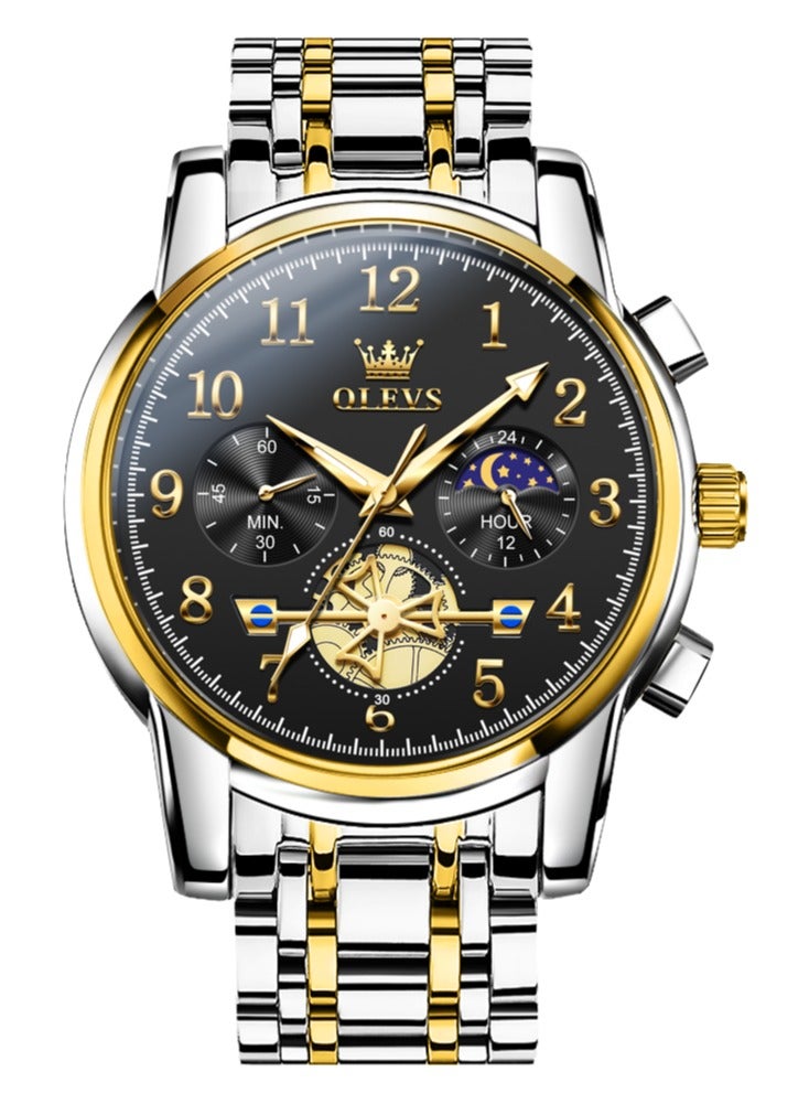 أوليفز ساعة OLEVS 2900 Moon Phase للرجال من الفولاذ المقاوم للصدأ ومضادة للماء وعصرية بهيكل عظمي وساعة كوارتز كرونوغراف للرجال - Image 2