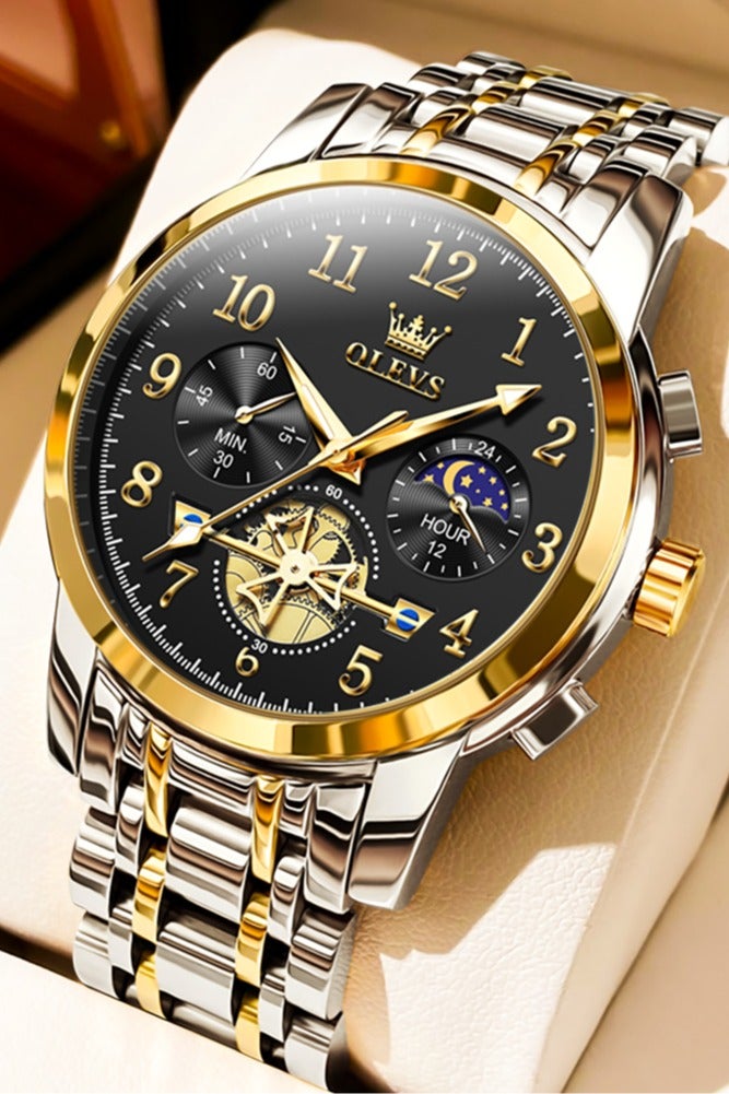 أوليفز ساعة OLEVS 2900 Moon Phase للرجال من الفولاذ المقاوم للصدأ ومضادة للماء وعصرية بهيكل عظمي وساعة كوارتز كرونوغراف للرجال - Image 1