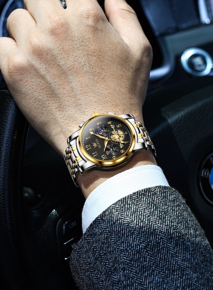 أوليفز ساعة OLEVS 2900 Moon Phase للرجال من الفولاذ المقاوم للصدأ ومضادة للماء وعصرية بهيكل عظمي وساعة كوارتز كرونوغراف للرجال - Image 3