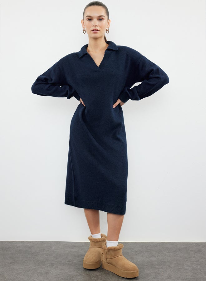 trendyol Navy Blue More Sustainable Midi Soft Texture Knit Dress - Image 2