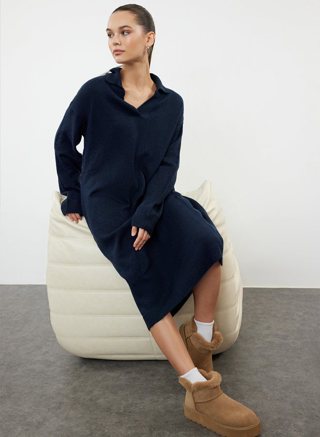 trendyol Navy Blue More Sustainable Midi Soft Texture Knit Dress - Image 1