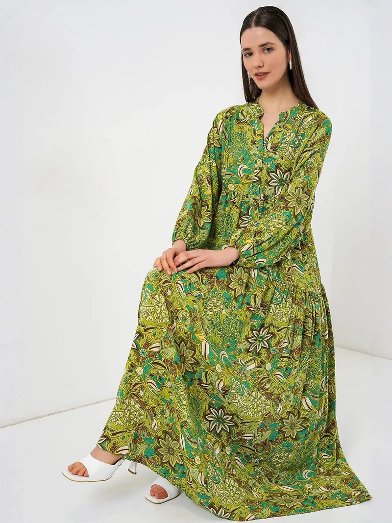 Big Dart Green BDART Patterned V-Neck Maxi Dress for Women | Best Price UAE