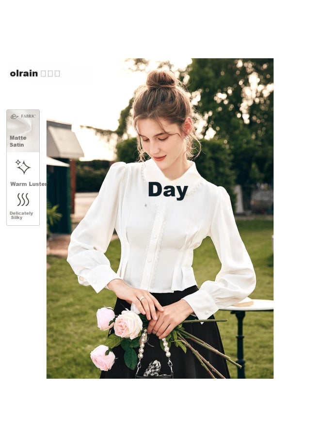 Olrain French Satin Shirt Women's Autumn Vintage Palace Style Top Off-white S - Image 1