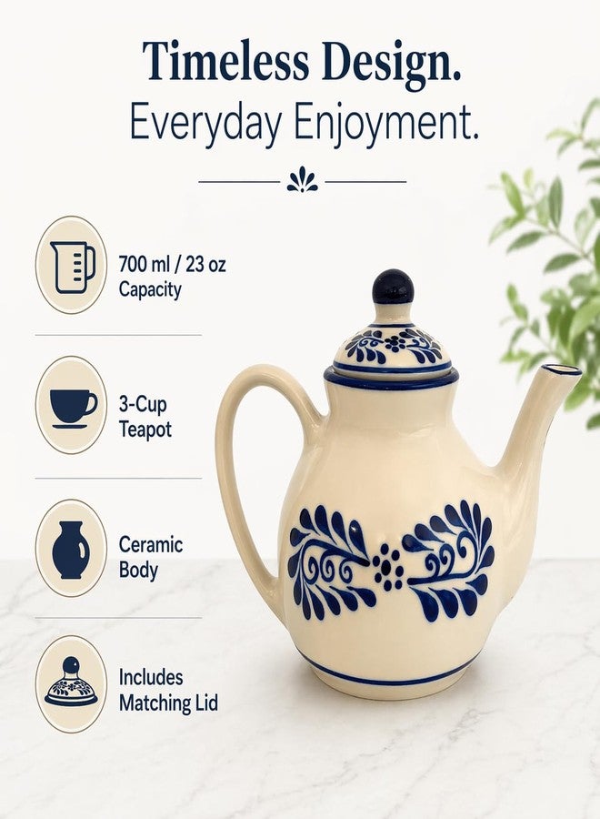 Casa Fiesta Designs إبريق شاي تالافيرا، إبريق شاي مكسيكي بثلاثة أكواب مع غطاء، سعة 700 مل / 23 أونصة، غلاية شاي سيراميكية مزخرفة للشاي والقهوة والمشروبات العشبية، تصميم أبيض مزهر على الطراز الاستعماري الأبيض - Image 3