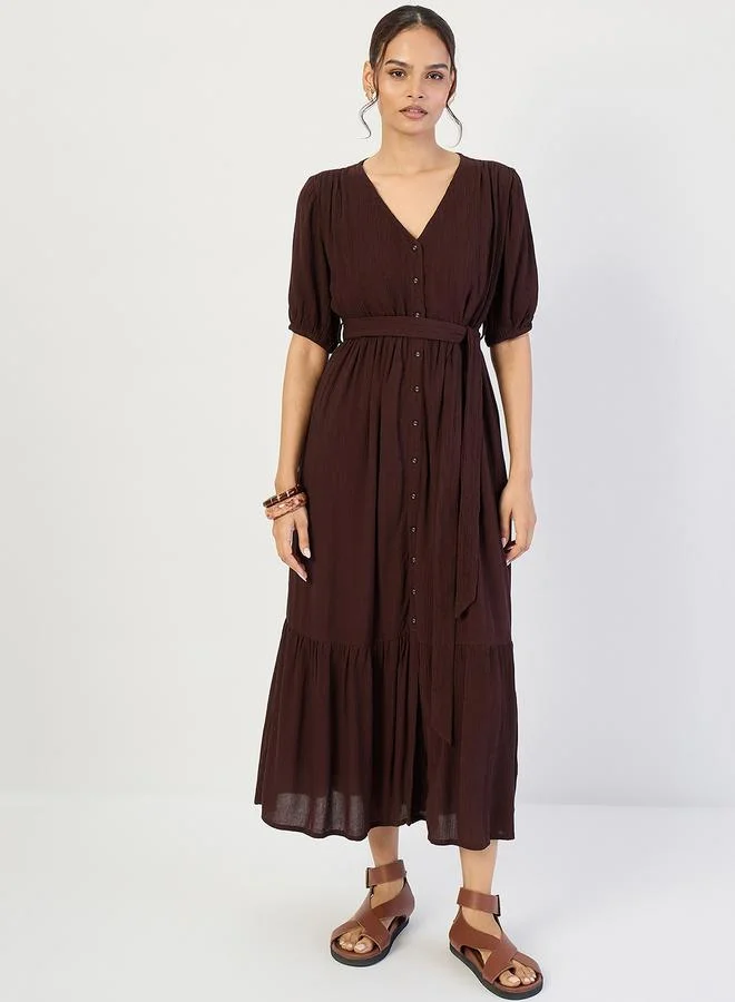 Femmella Women Coffee Brown V-Neck Maxi Dress