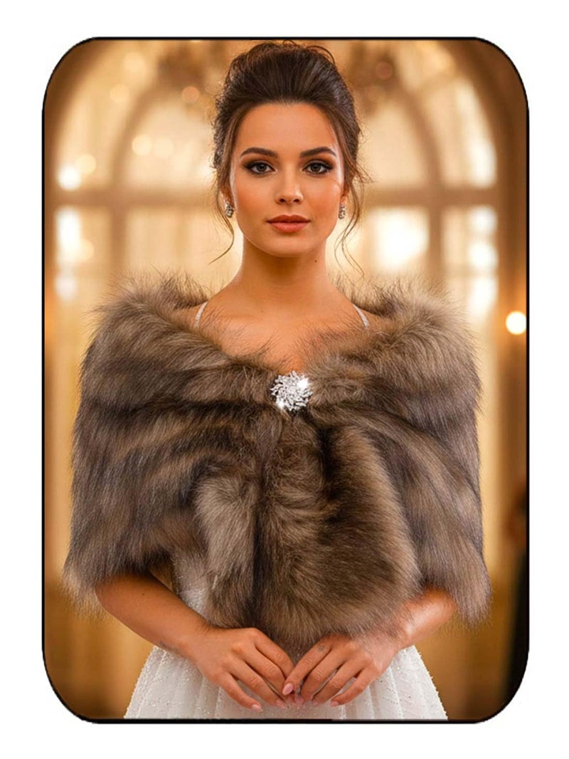 EASEDAILY شالات الفراء النسائية من EASEDAILY ولفائف الزفاف وشال الفراء المزيف مع بروش للعروس وصديقات العروس (أبيض) (بني، الولايات المتحدة 4-14 (S-M)) - Image 1