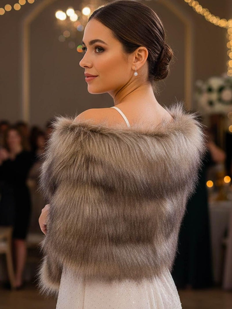 EASEDAILY شالات الفراء النسائية من EASEDAILY ولفائف الزفاف وشال الفراء المزيف مع بروش للعروس وصديقات العروس (أبيض) (بني، الولايات المتحدة 4-14 (S-M)) - Image 5