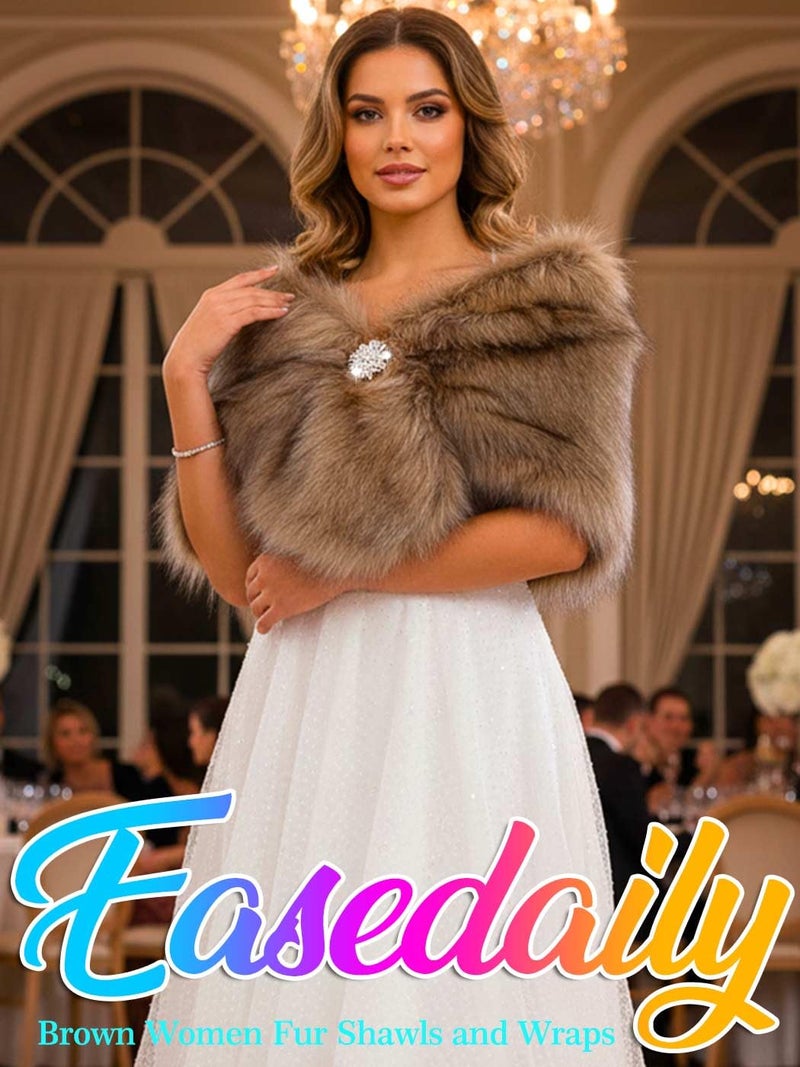EASEDAILY شالات الفراء النسائية من EASEDAILY ولفائف الزفاف وشال الفراء المزيف مع بروش للعروس وصديقات العروس (أبيض) (بني، الولايات المتحدة 4-14 (S-M)) - Image 2