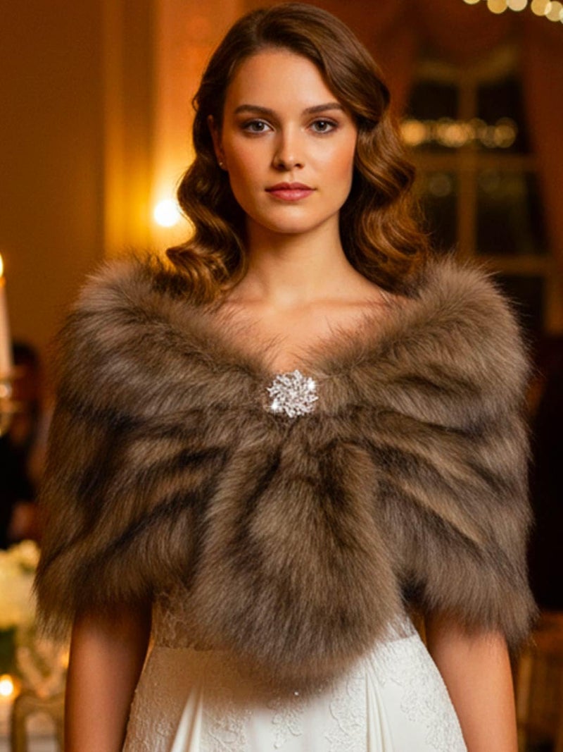 EASEDAILY شالات الفراء النسائية من EASEDAILY ولفائف الزفاف وشال الفراء المزيف مع بروش للعروس وصديقات العروس (أبيض) (بني، الولايات المتحدة 4-14 (S-M)) - Image 3