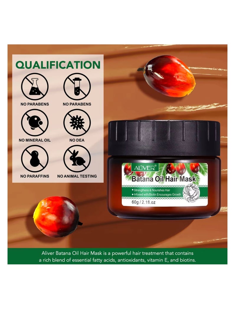 ALIVER 60g Batana Oil Hair Mask Deep Repair Conditioning Batana Oil Strengthens & Nourishes Hair Oil Biotin Deep Treatment Hair Mask to Repair Dry Damaged & Frizzy Hair for All Hair Types - Image 3