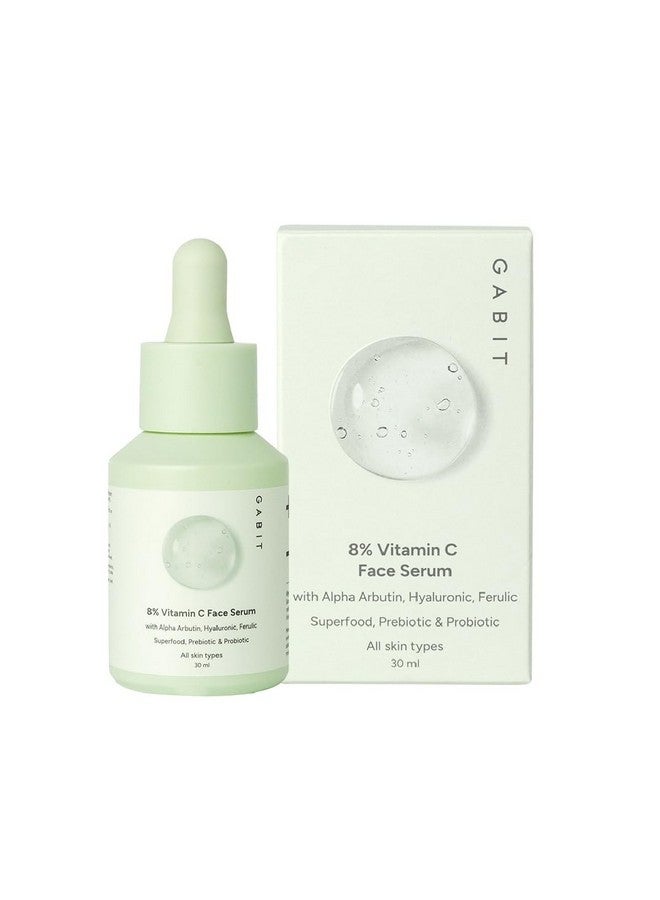Gabit 8% Vitamin C Face Serum for Glowing Skin | Brightening Serum for Dark Spots, Tanned & Dull Skin; Hydrates | Alpha Arbutin, Hyaluronic, Ferulic, CiCa, Prebiotic, Probiotic | Oil & PEG free |30 ml - Image 1