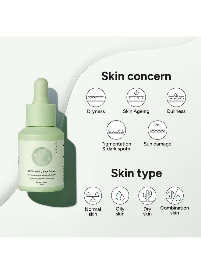 Gabit 8% Vitamin C Face Serum for Glowing Skin | Brightening Serum for Dark Spots, Tanned & Dull Skin; Hydrates | Alpha Arbutin, Hyaluronic, Ferulic, CiCa, Prebiotic, Probiotic | Oil & PEG free |30 ml - Image 2