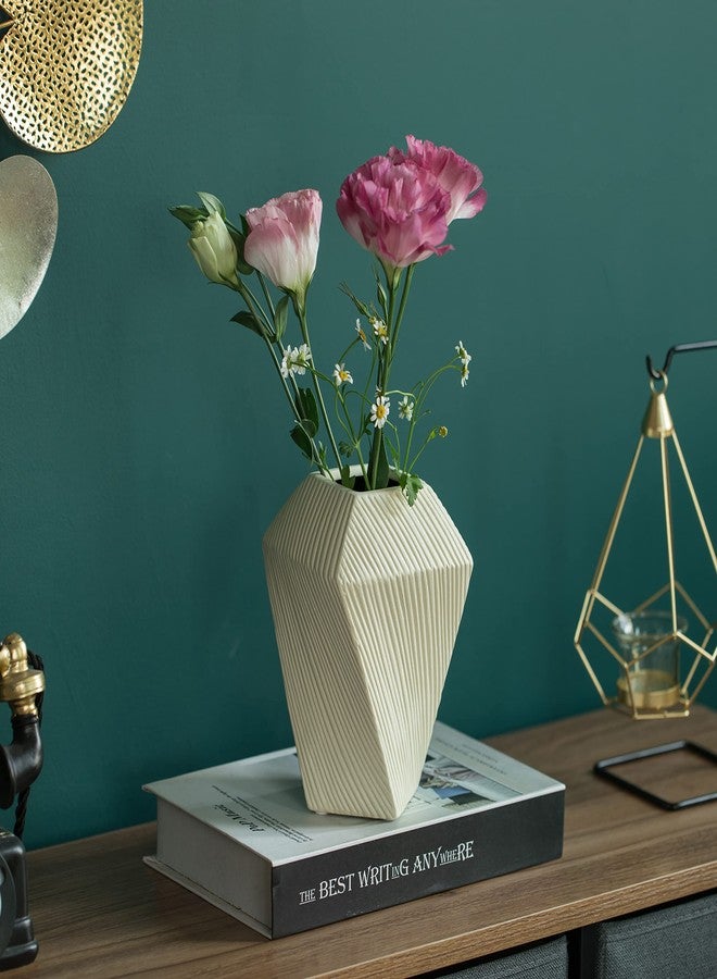 يونيك وايز مزهرية طاولة مربعة الشكل من السيراميك المزخرف، مقاس 7 بوصات، لون بيج، صغيرة - Image 3