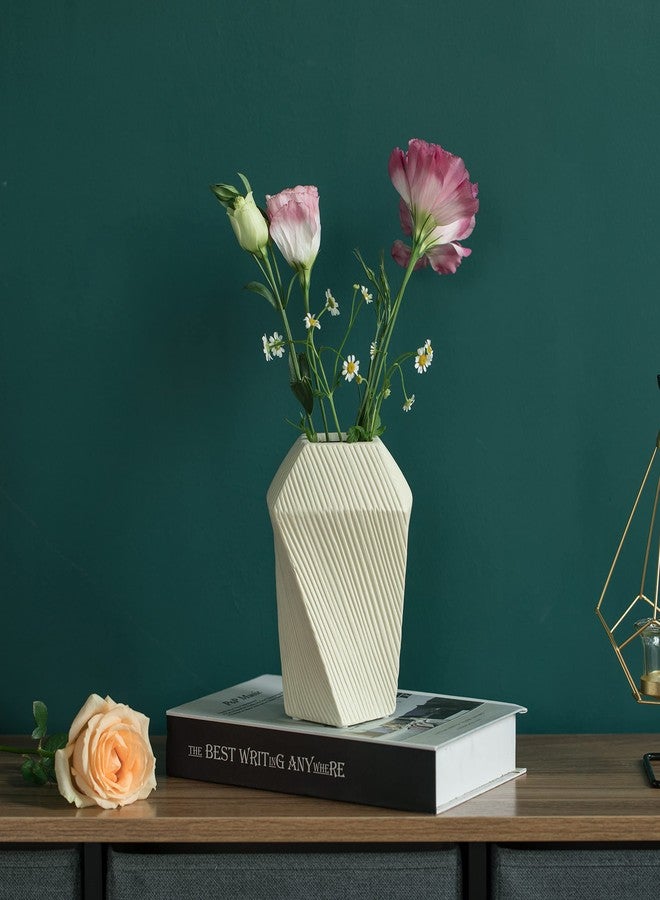 يونيك وايز مزهرية طاولة مربعة الشكل من السيراميك المزخرف، مقاس 7 بوصات، لون بيج، صغيرة - Image 5