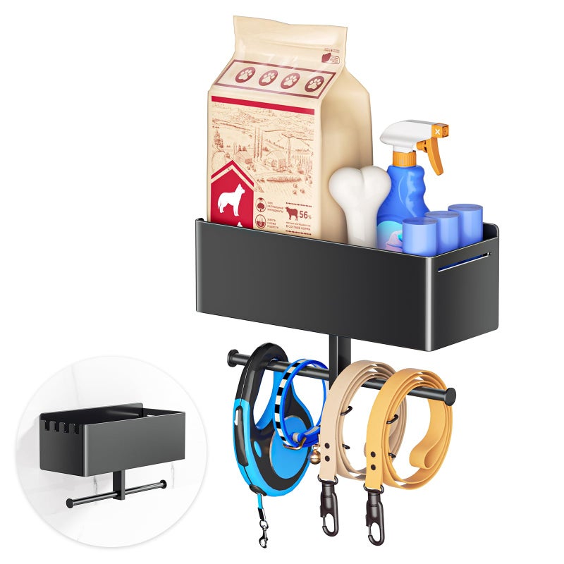Oukimly Dog Leash Holder for Wall, Dog Leash Hooks, Pet Stuff Organizer with Shelf Storage, Metal Key Holder, Leash Hangers Organizer Rack for Pet Collar, Toys, Treats, Poop Bag (Black) - Image 1