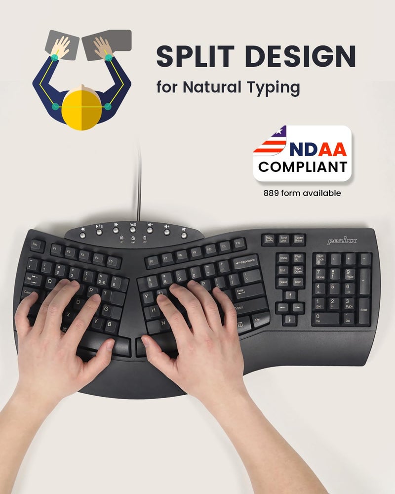 Perixx PERIBOARD-512B Wired Ergonomic Keyboard - Split Keyboard, Wrist Rest, Natural Typing - Wired USB Connectivity - US English - Black - Image 2