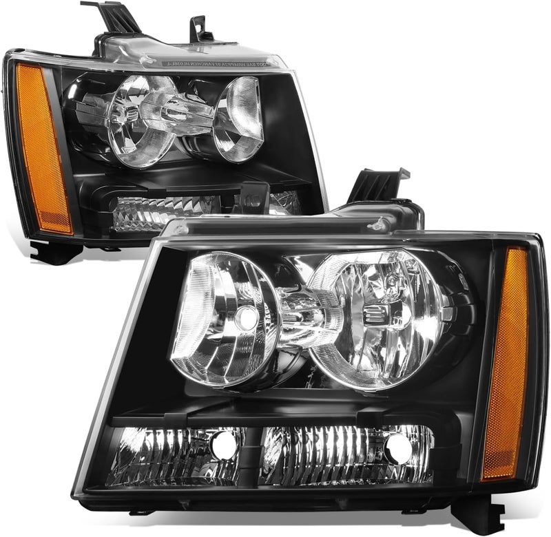 Auto Dynasty Factory Style Halogen Headlights Assembly for Chevy Suburban 1500 2500 Tahoe Avalanche 07-14, Black Housing Amber Corner - Image 1
