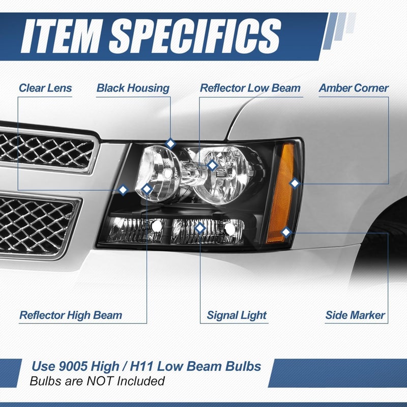 Auto Dynasty Factory Style Halogen Headlights Assembly for Chevy Suburban 1500 2500 Tahoe Avalanche 07-14, Black Housing Amber Corner - Image 2