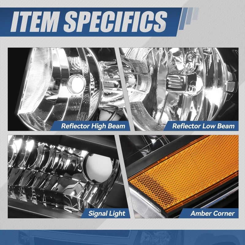 Auto Dynasty Factory Style Halogen Headlights Assembly for Chevy Suburban 1500 2500 Tahoe Avalanche 07-14, Black Housing Amber Corner - Image 3