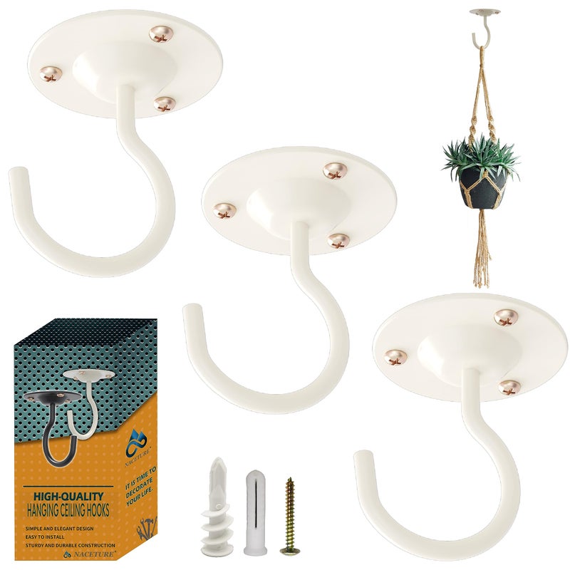 NACETURE Ceiling Hooks for Hanging Plants 3 Pack - Plant Hanger Indoor Hanging Hooks Metal Plant Bracket Iron Lanterns Hangers for Wind Chimes (White 3 Pack) - Image 1