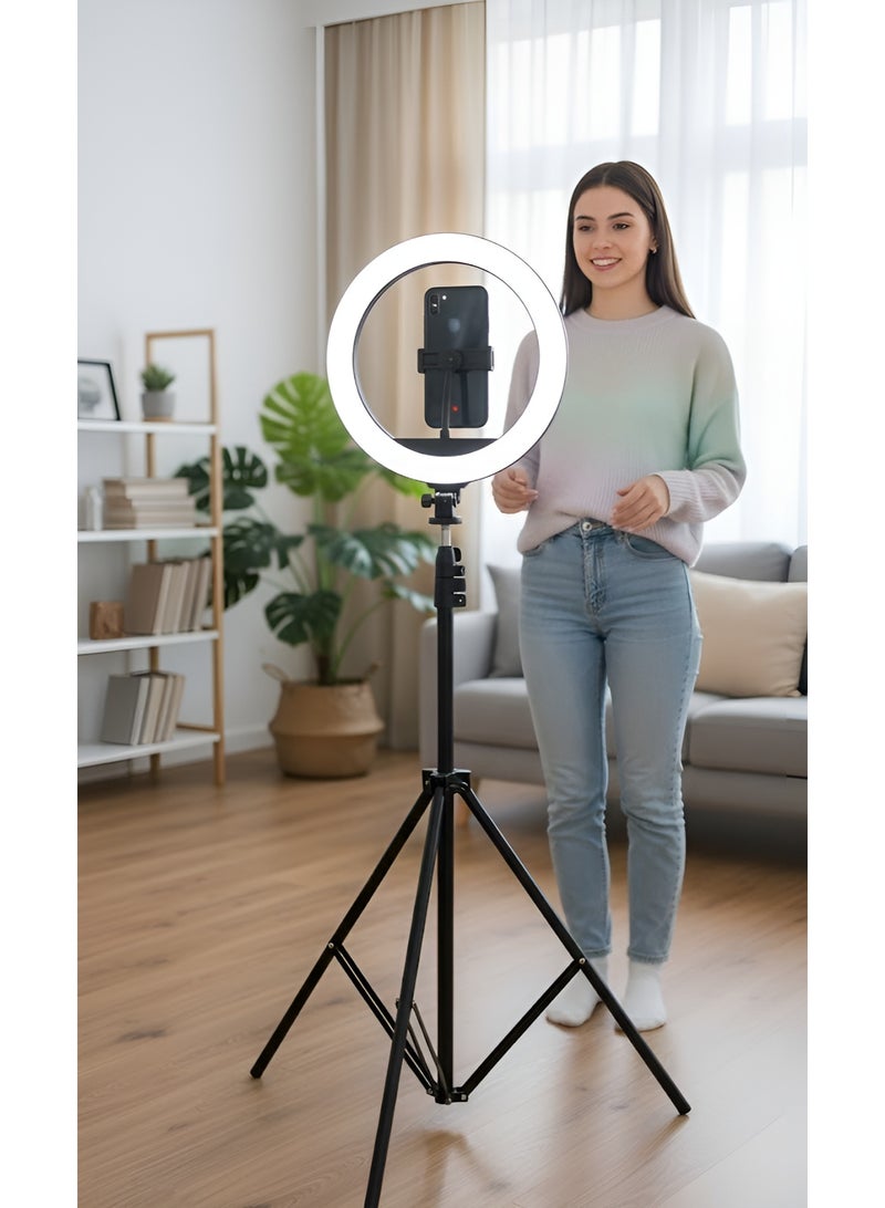 NeePho NP-L20 Ring Light, 2.1 meters tall, with a 360° rotating metal tripod and tri-color lighting for photography and streaming. - Image 3