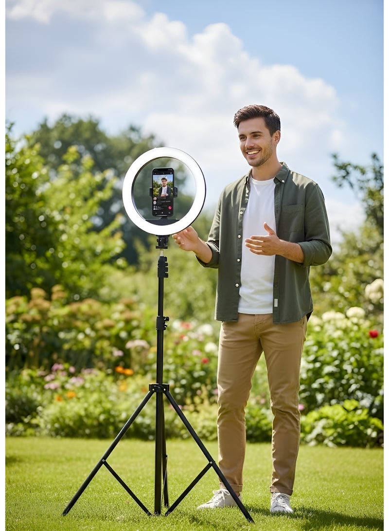 NeePho NP-L20 Ring Light, 2.1 meters tall, with a 360° rotating metal tripod and tri-color lighting for photography and streaming. - Image 4