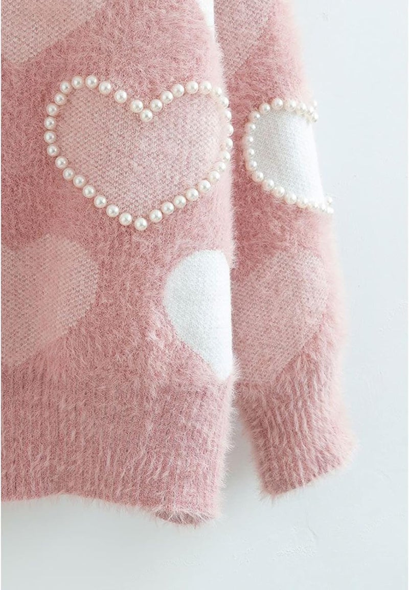 Comulish Women's Cute Heart Cardigan Sweaters Love Print Valentin's Day Sweater Button Up Front Oversized Knit Top (Pearl Pink, L) - Image 5