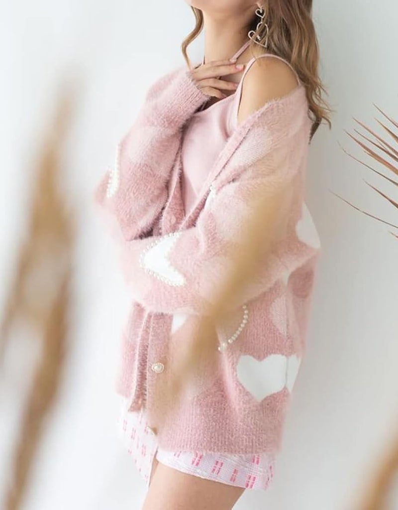 Comulish Women's Cute Heart Cardigan Sweaters Love Print Valentin's Day Sweater Button Up Front Oversized Knit Top (Pearl Pink, L) - Image 2