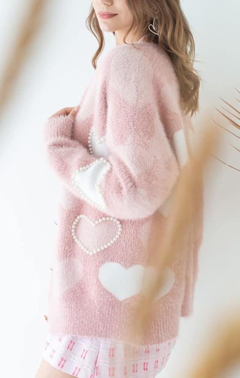 Comulish Women's Cute Heart Cardigan Sweaters Love Print Valentin's Day Sweater Button Up Front Oversized Knit Top (Pearl Pink, L) - Image 3
