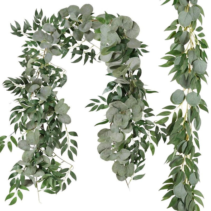 Cekene 2 Pcs 65 Ft Artificial Eucalyptus Garland with Willow Leaves Fake Hanging Greenery Vines Table Runner Garland for Wedding Backdrop Arch Wall Decor 2pcs eucalyptus blend willow