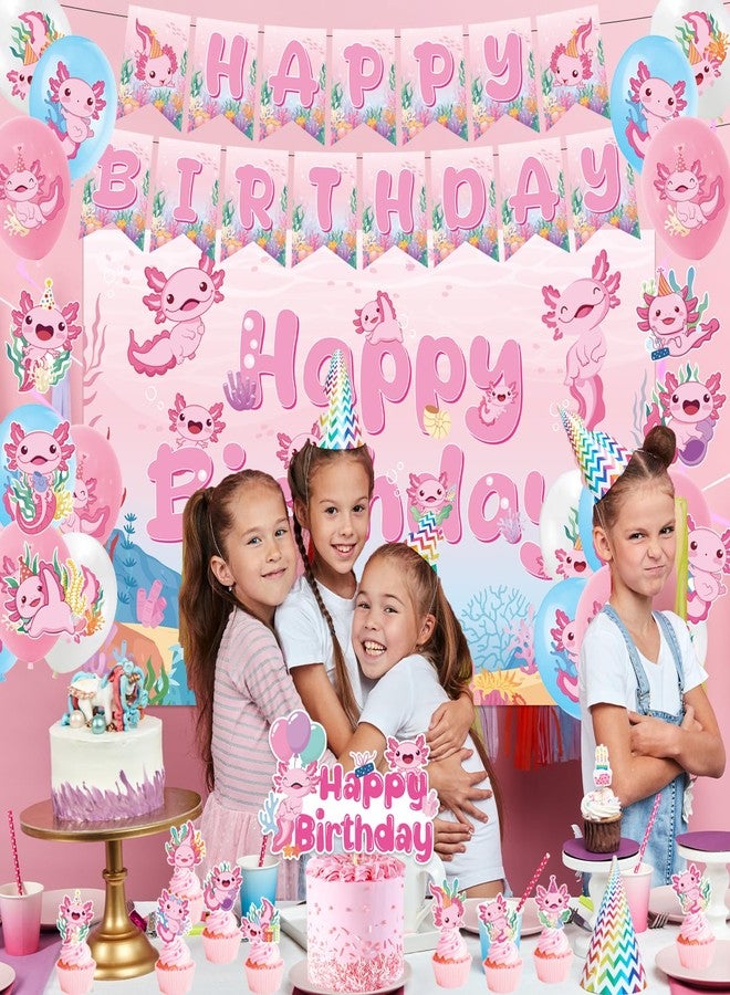 Refavor Axolotl Birthday Decorations Supplies, 44PCS Pink Axolotl Happy Birthday Decor Set for Girls, Includes Backdrop Banner Cupcake Topper Cake Topper Hanging Swirls Balloons - Image 3