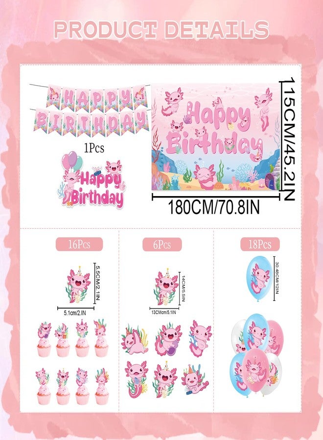 Refavor Axolotl Birthday Decorations Supplies, 44PCS Pink Axolotl Happy Birthday Decor Set for Girls, Includes Backdrop Banner Cupcake Topper Cake Topper Hanging Swirls Balloons - Image 2