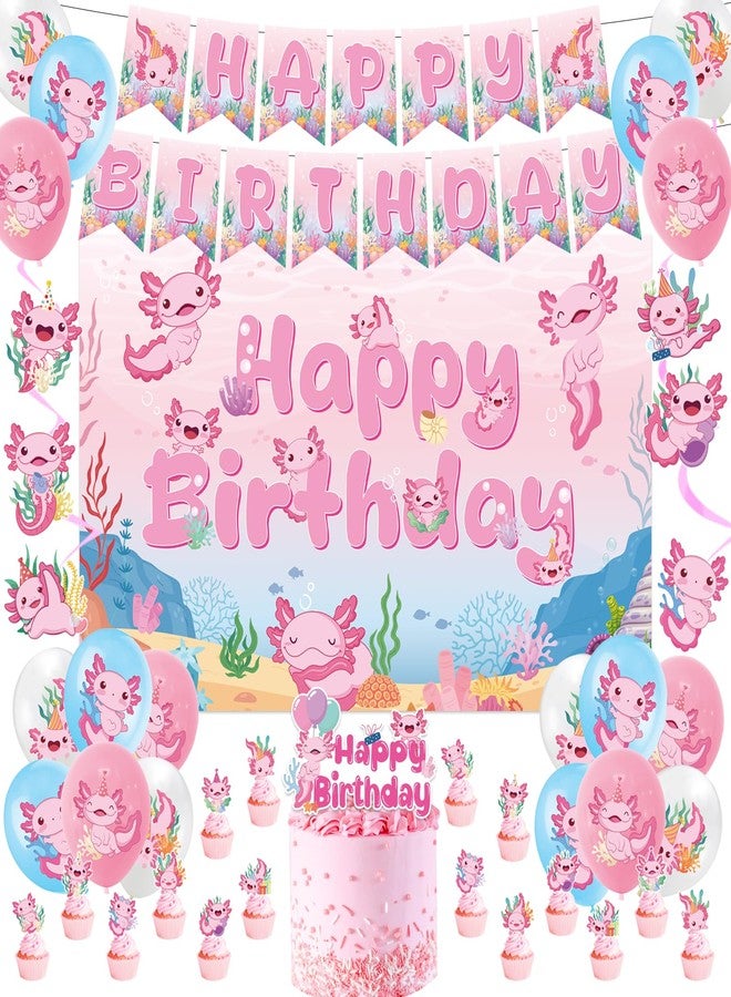 Refavor Axolotl Birthday Decorations Supplies, 44PCS Pink Axolotl Happy Birthday Decor Set for Girls, Includes Backdrop Banner Cupcake Topper Cake Topper Hanging Swirls Balloons - Image 1