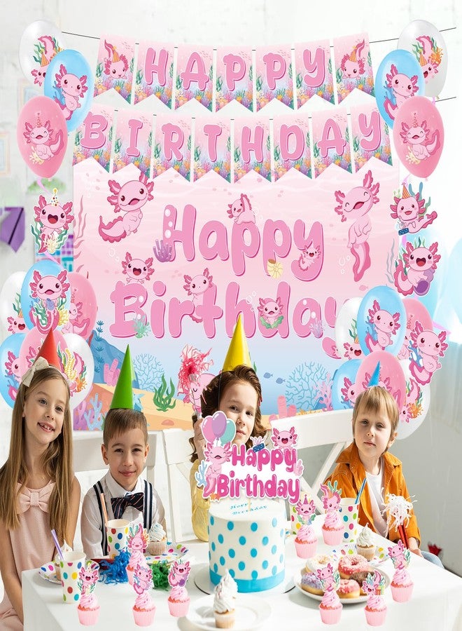Refavor Axolotl Birthday Decorations Supplies, 44PCS Pink Axolotl Happy Birthday Decor Set for Girls, Includes Backdrop Banner Cupcake Topper Cake Topper Hanging Swirls Balloons - Image 4