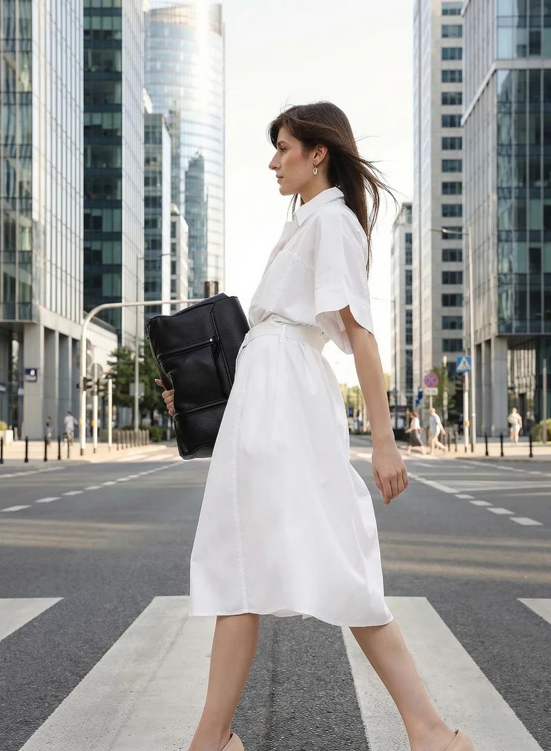 دينيس لينغو Off White 100% Cotton Solid Print Maxi Shift Regular Fit Dress For Women