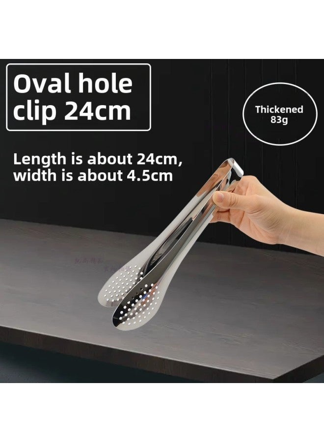 Thickened Stainless Steel Food Tongs Bread Tongs Barbecue Tongs Buffet Tongs Lotus Tongs Steak Tongs Barbecue Supplies-Color:Oval Hole Clip 24CM  - Image 1