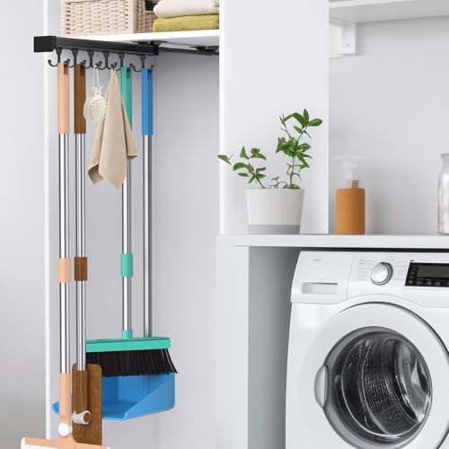 PrimZooty Pull Out Broom Holder With Adjustable Double Row Sliding Hook, Multifunctional Slide Broom And Mop Storage/Organizer Garage Organization Hooks, for Closet Laundry Garage - 36cm/14.17in - Image 1