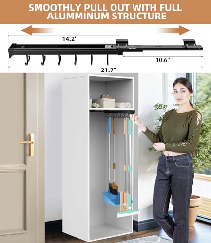 PrimZooty Pull Out Broom Holder With Adjustable Double Row Sliding Hook, Multifunctional Slide Broom And Mop Storage/Organizer Garage Organization Hooks, for Closet Laundry Garage - 36cm/14.17in - Image 3