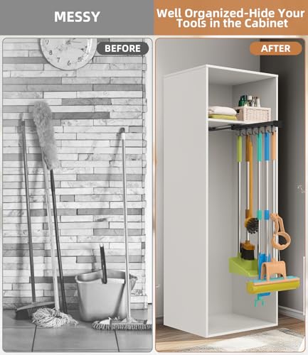 PrimZooty Pull Out Broom Holder With Adjustable Double Row Sliding Hook, Multifunctional Slide Broom And Mop Storage/Organizer Garage Organization Hooks, for Closet Laundry Garage - 36cm/14.17in - Image 2