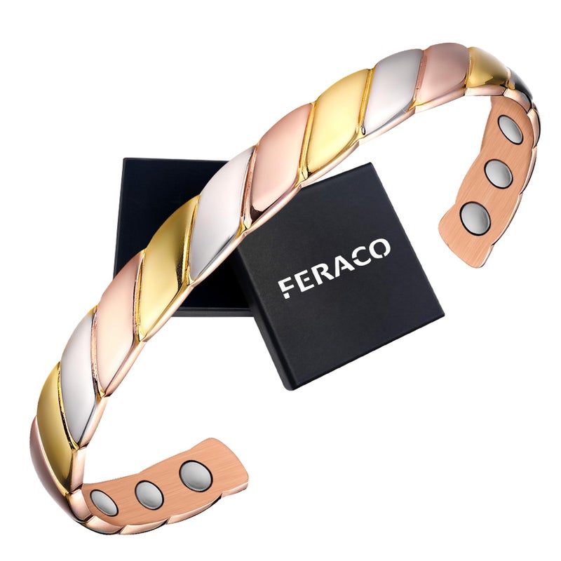 Feraco Copper Magnetic Bracelet for Women Fashionable Braided Cuff Bangle with 3500 Gauss Magnets 9999 Pure Copper Jewelry Gifts