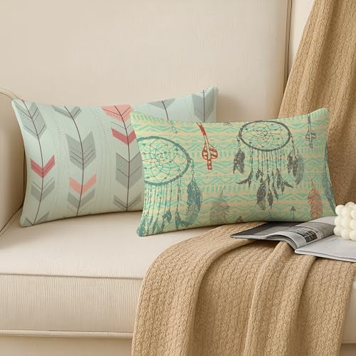 BRICK HOME Set of 2 Jute Printed Cushion Covers 12x18 Inches | Pastel Floral, Leaf, Arrow & Dreamcatcher Pattern | Soft Durable Decorative Pillow Covers for Sofa Couch Living Room Bedroom - Image 2