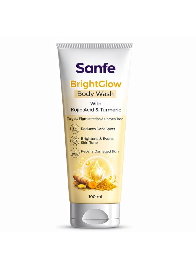 Sanfe BrightGlow Body Wash | 100 ml | With Kojic Acid & Turmeric | Targets Pigmentation & Uneven Tone | Reduces Dark Spots | Brightens & Repairs Damaged Skin | Gentle Liquid Body Wash for Women & Men - Image 3