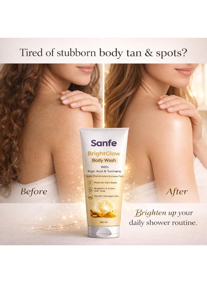Sanfe BrightGlow Body Wash | 100 ml | With Kojic Acid & Turmeric | Targets Pigmentation & Uneven Tone | Reduces Dark Spots | Brightens & Repairs Damaged Skin | Gentle Liquid Body Wash for Women & Men - Image 5
